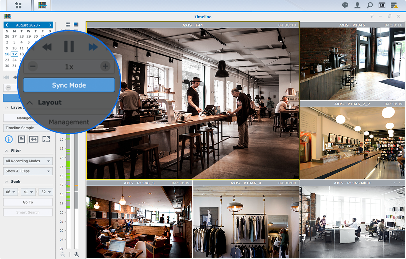 ตัวอย่างหน้าจอ Timeline สำหรับเล่นภาพจากกล้องหลายตัวพร้อมกันใน Synology Surveillance Station