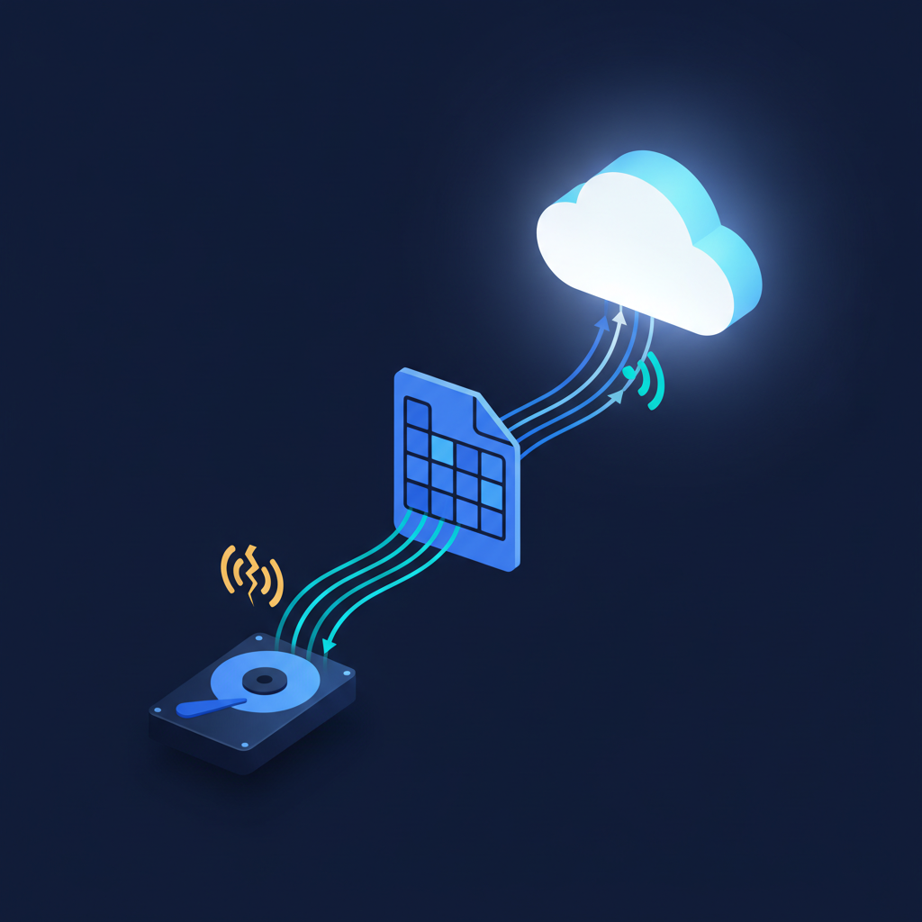 An abstract visualization showing documents and office tools connecting to a cloud symbol, with data flowing between local and synced states, representing offline productivity.