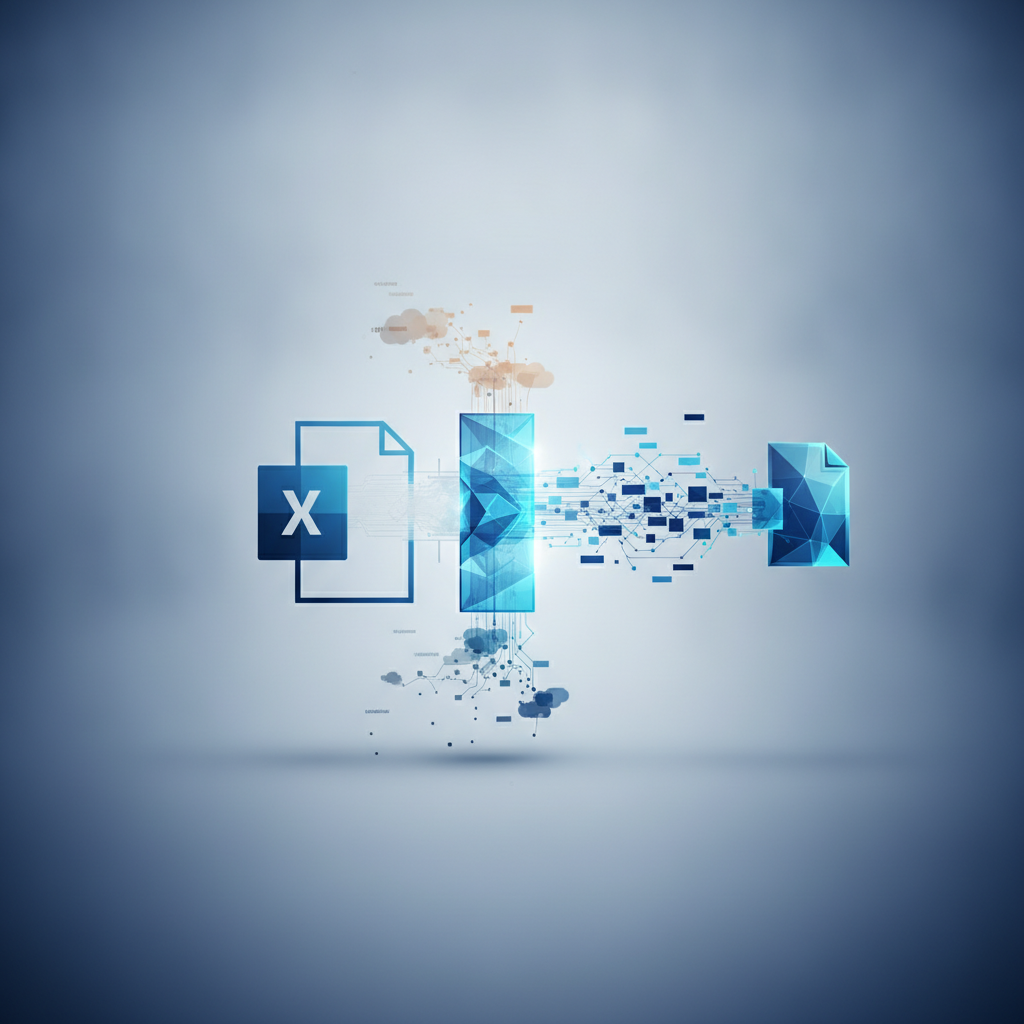 An abstract visualization of data flow, featuring document icons, calendar cards, cloud synchronization symbols, a keyboard, and other office tools, depicting digital productivity.