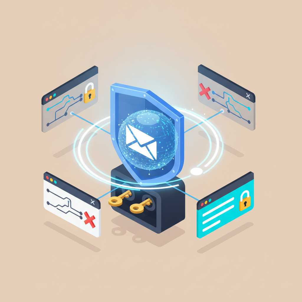 Isometric illustration of abstract browser tabs, an email envelope, a privacy shield, and a safe navigation path, symbolizing secure browsing and email management.