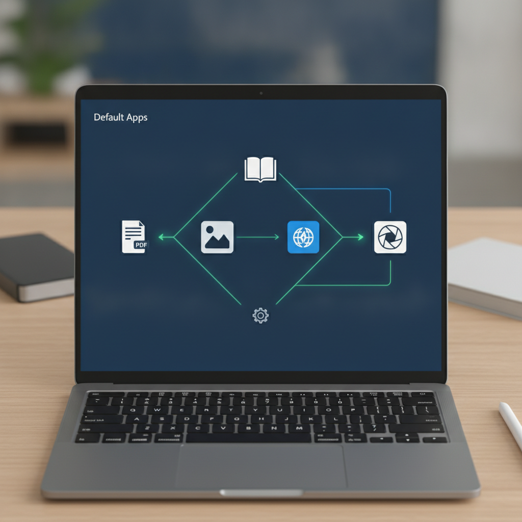 A top-down view of a computer screen displaying system settings, with icons symbolizing configuration and a healthy, organized status, representing Windows support.