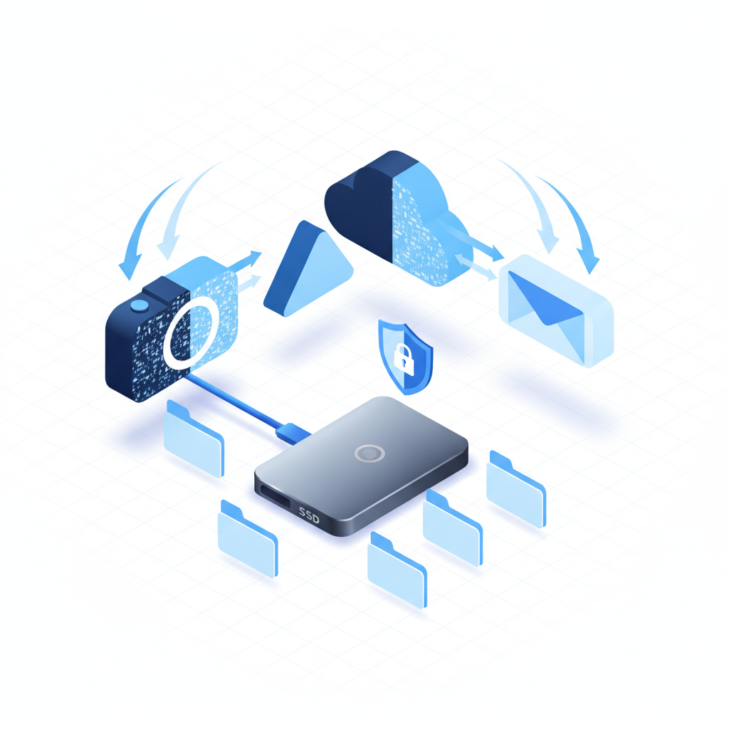 A clean isometric illustration depicting an external SSD, organized digital folders, cloud backup arrows, and a protected data copy, symbolizing effective digital storage management.