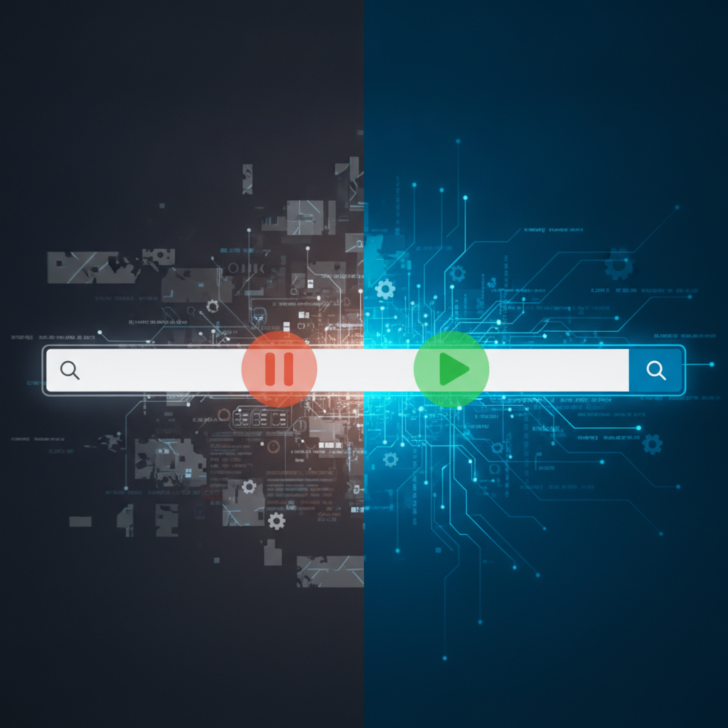 A split-scene visual depicting a computer device with symbols representing system settings and a clear metaphor for a healthy, functioning status, addressing Windows search issues.