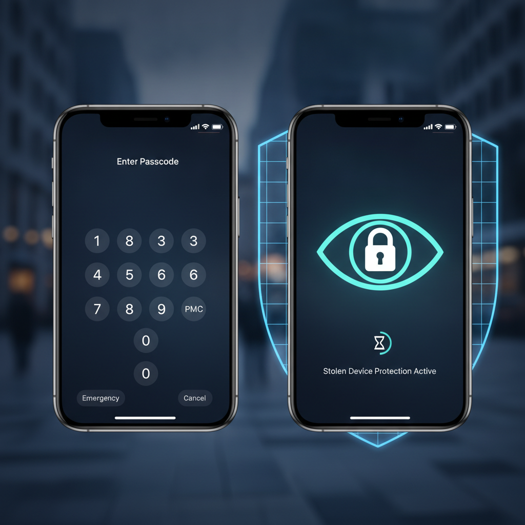 A split-scene image showing an iPhone with security settings on one side and a metaphor for digital protection or recovery on the other, symbolizing Stolen Device Protection.